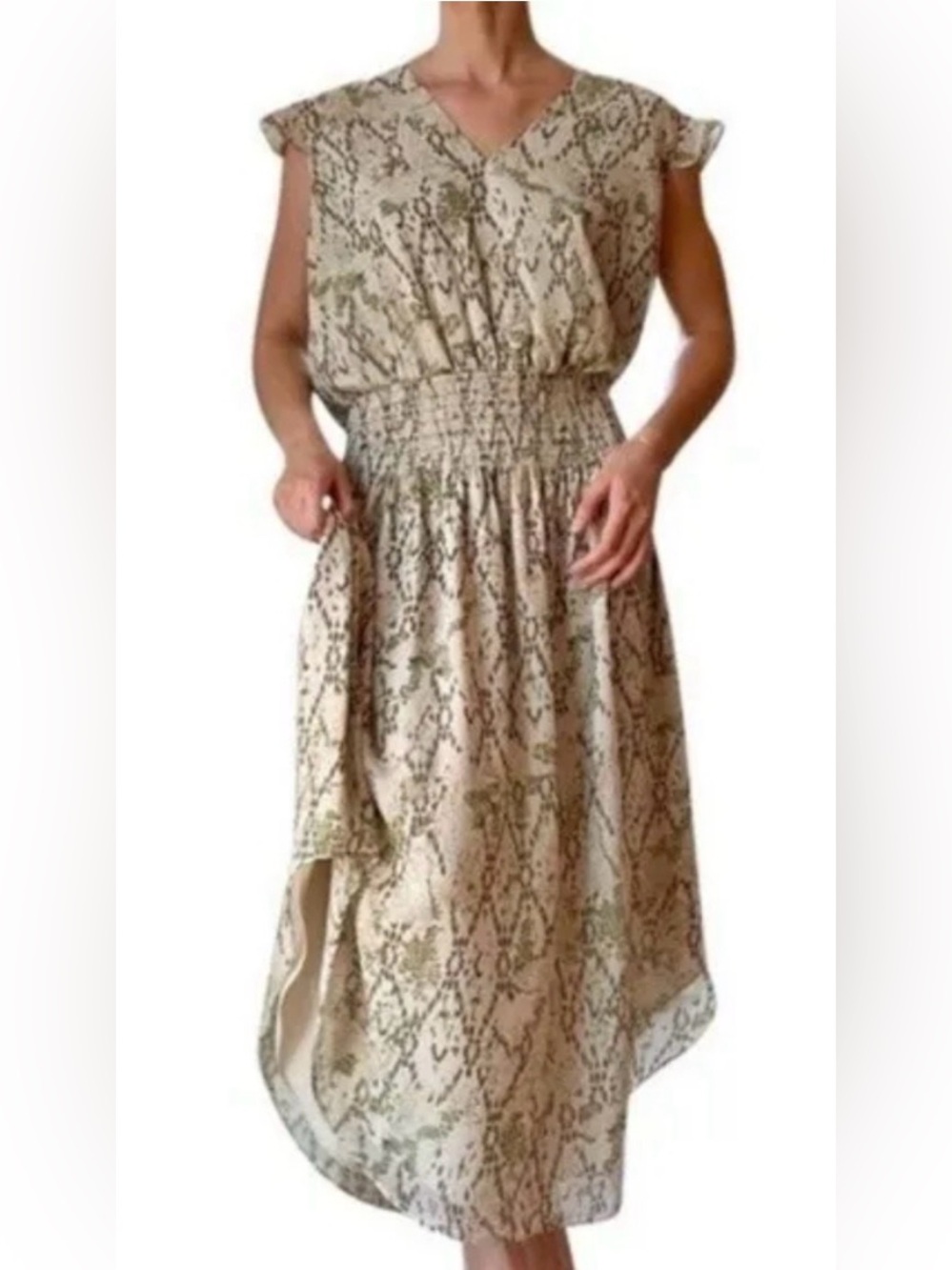 Ramy Brook Reina Midi Dress in Anika Ivory & Green Print, size L